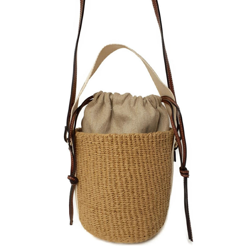 Chloe Bucket Woody Basket Bag Raffia Bag Brown Leather